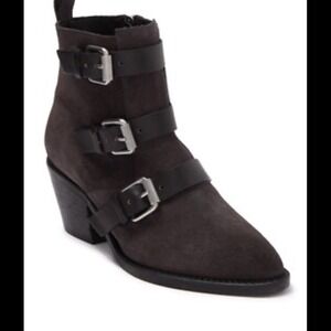 AllSaints Black Suede Multi Buckle Pointed Toe Ankle Boots Block Heel Womens 40